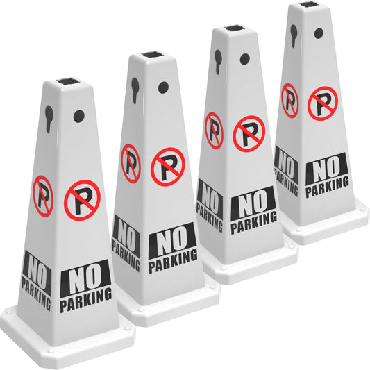 Plastic Traffic Cones, 4-Sided Message Cones, Road Safety Parking Cones, Standing Traffic Warning Signs for Cleaning Area, Garage, No Entry (4, No Parking, Large)