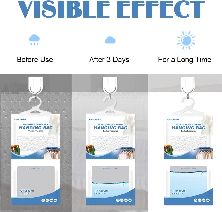 CANAGER Hanging Moisture Absorber, Cactus Fragrance Moistureproof Hanging Bag, Dehumidifier Bag (8 packs) Hanging Closet Dehumidifier Bags, Moisture Absorb 12.5 oz.