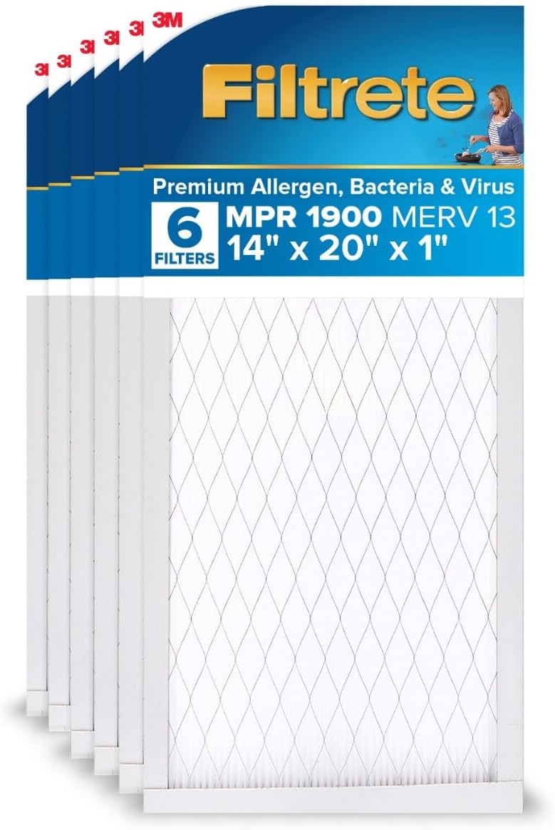 Filtrete 14x20x1 AC Furnace Air Filter, MERV 13, MPR 1900, Premium Allergen, Bacteria & Virus Filter, 3-Month Pleated 1-Inch Electrostatic Air Cleaning Filter, 6-Pack (Actual Size 13.81x19.81x0.78 in)