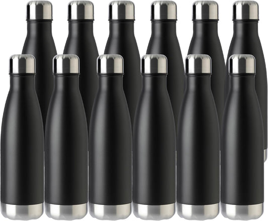 MEWAY 17oz Sport Water Bottle 12 Pack Vacuum Insulated Stainless Steel Leak-Proof Double Wall Cola Shape Water Bottle,Keep Drinks Hot & Cold (Black,12 Pack)