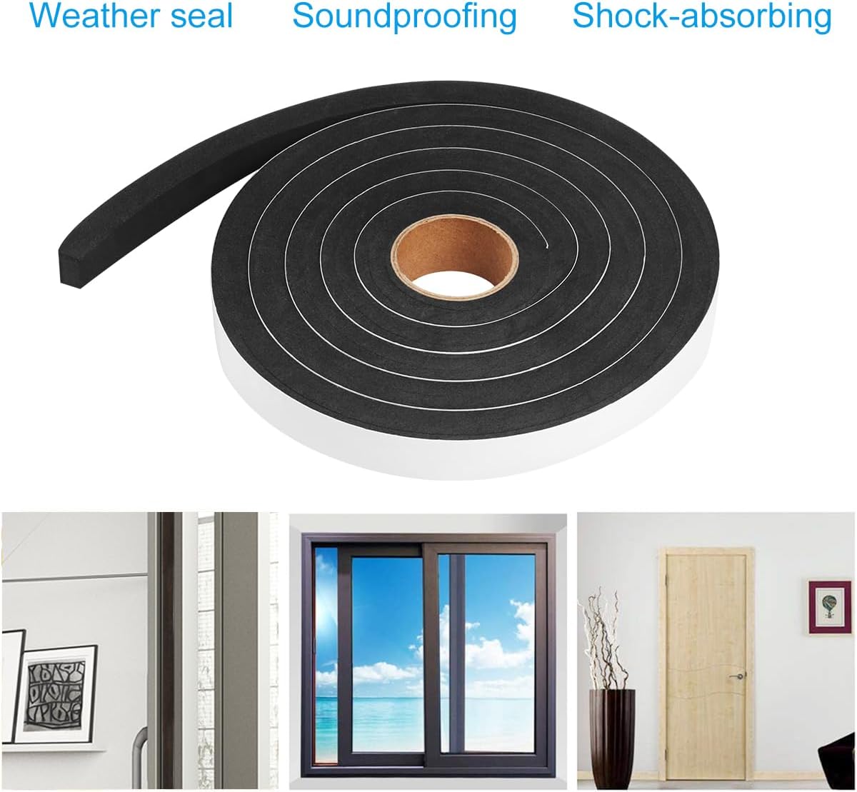 Seal Foam Tape, 2 Rolls 1/2 Inch W x 1/2 Inch T Weather Stripping for Door and Window,High Density Single Sided Closed Cell Door Insulation Weather Strip, 2 Rolls Total 13FT Black