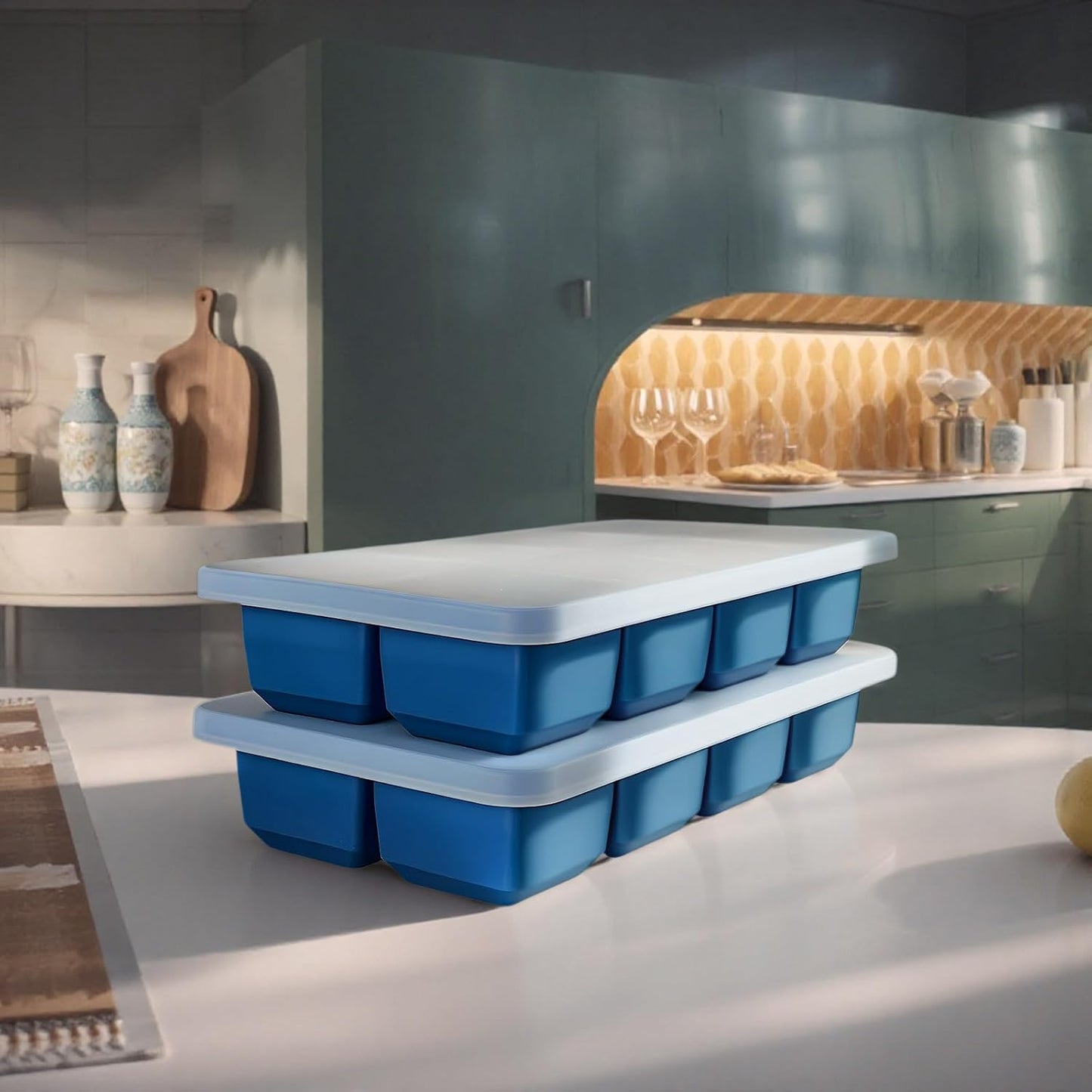 2 Pack Silicone 2 Inch Large Ice Cube Molds for Cocktails Wine Fruit and Bourbon Whiskey Easy Release Ice Cube Tray with Lid Ideal for Cold Drinks and Entertaining Gatherings (Ocean Blue)