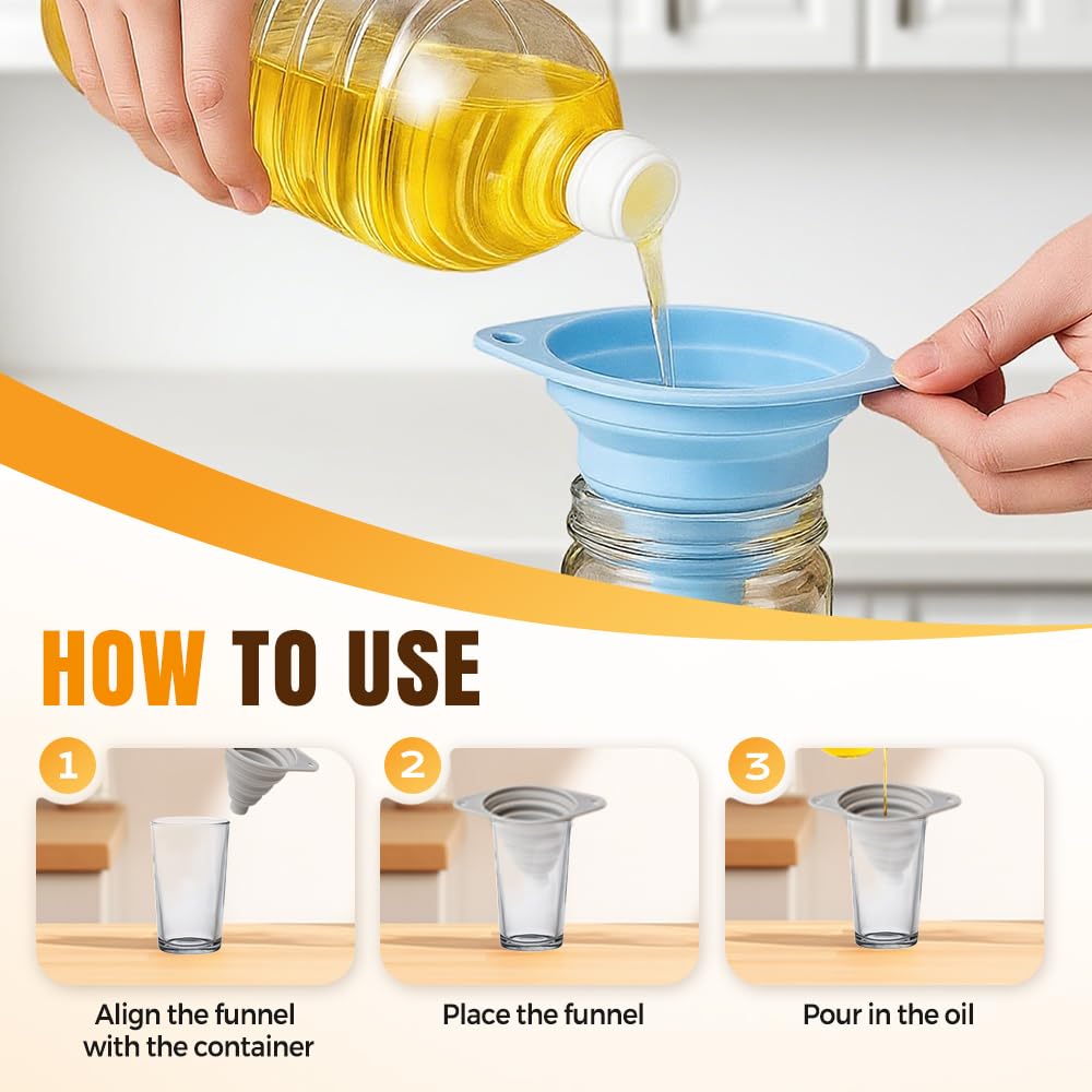 Kitchen Funnel Set 3 Pack, Collapsible Silicone Funnels for Filling Water Bottles & Small Bottles | Food-Grade, Easy Clean & Space-Saving (Gray)
