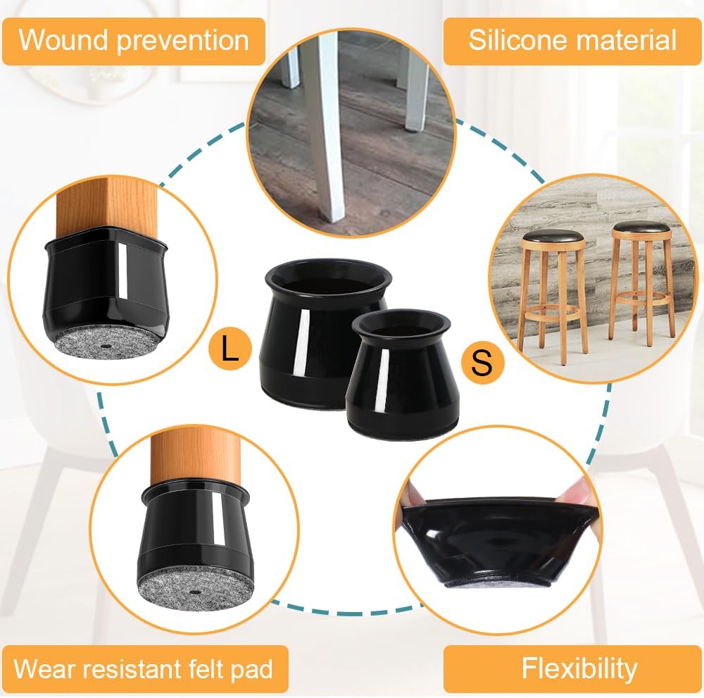 32 Pcs Chair Leg Protectors for Hardwood Floors, Silicone Felt Furniture Leg Cover Pad for Protecting Floors from Scratches and Noise, Smooth Moving, Large(Fit Round Diameter：1-5/16" to 2")
