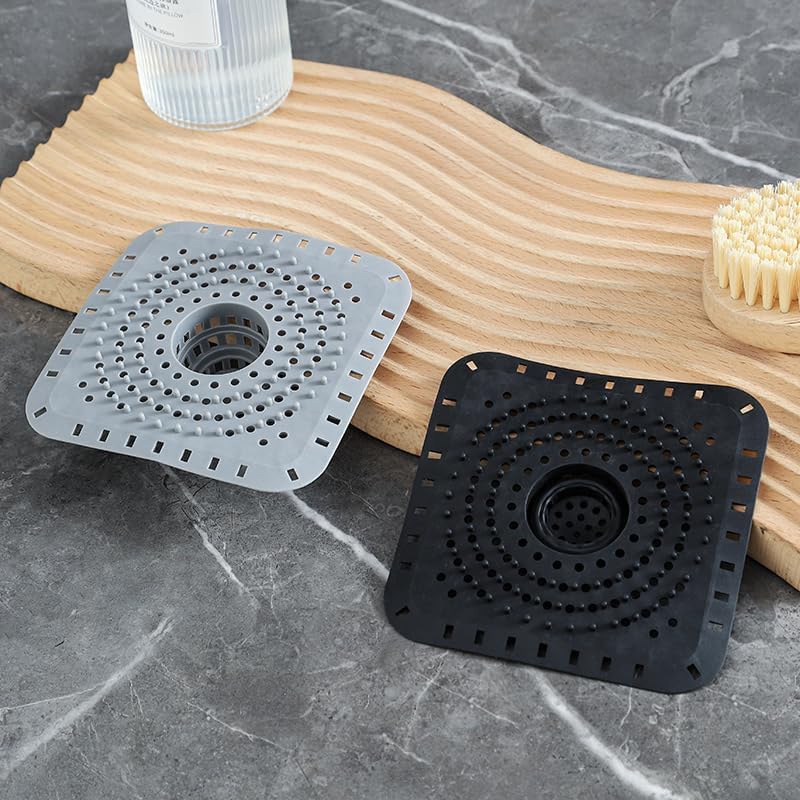 Drain Hair Catcher, Silicone Bathtub Drain Protector 2 PCS (Gray/Black, Square)