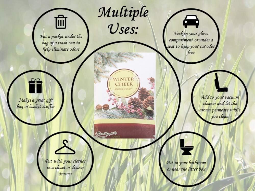 Floral Simplicity Winter Cheer Scented Sachets Pack of 6, Fall & Winter - Long-Lasting Scented Bags, Home Fragrance, Air Freshener & Deodorizer for Closet, Room, Drawer, or Cars, Made in USA