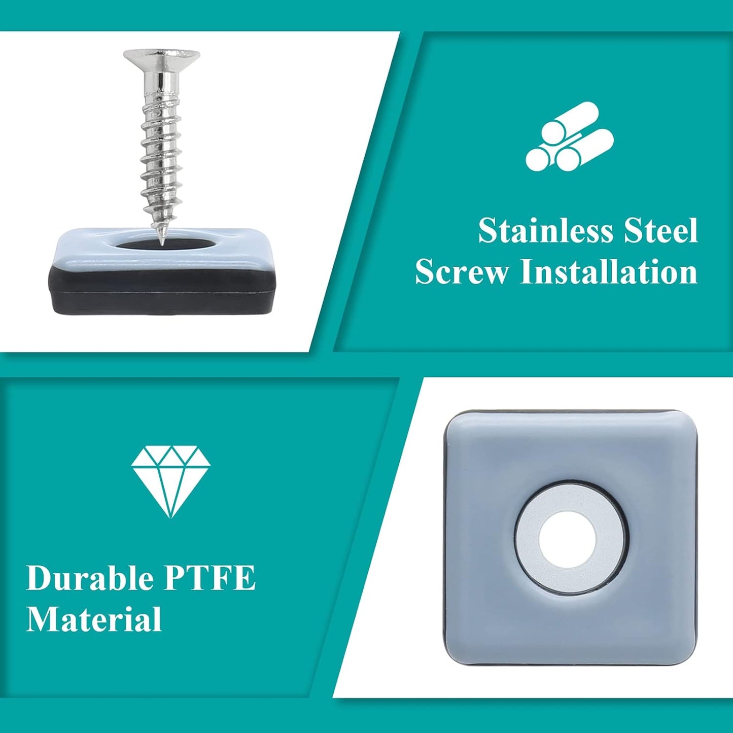 24pcs 1" (25mm) Screw on Furniture Sliders, Teflon Chair Leg Slides, Square Furniture Glides with Screws for Hardwood Floors Protectors (Gray/Black)