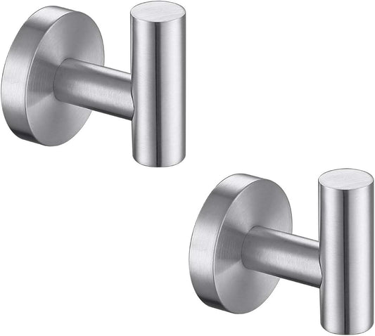 TASTOS Bathroom Towel Hooks Brushed Nickel, 2 Pack Stainless Steel Robe Coat and Clothes Hook, Heavy Duty Wall Hook for Bathroom & Kitchen, Modern Round Style Screw Wall Mounted