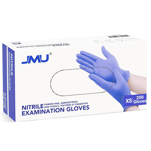 JMU 200 Count XS Nitrile Gloves, Disposable Latex-Free Powder-Free Gloves, Tear-Resistant, Non-Sterile, Violet Blue