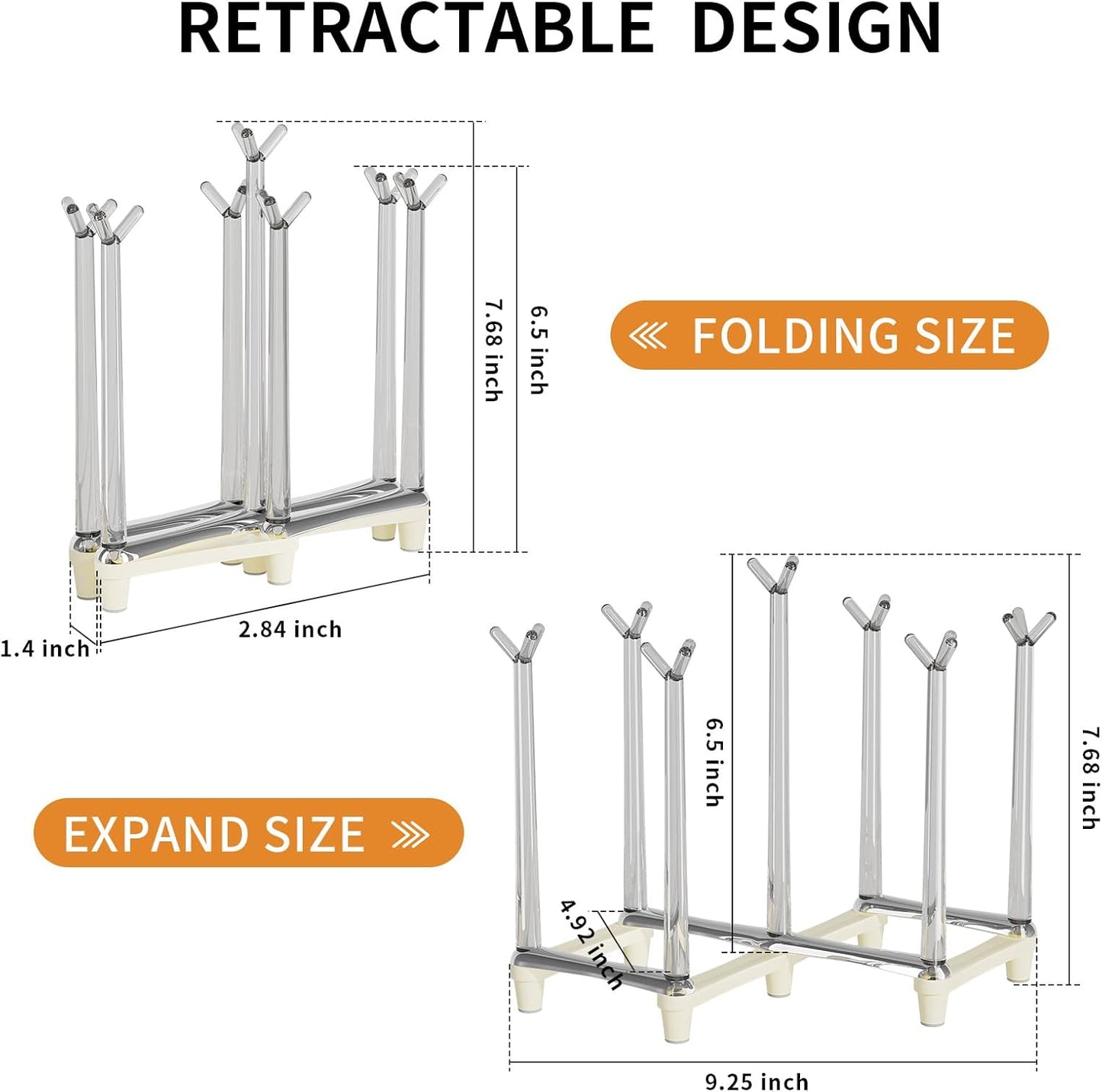 Marbrasse Retractable Cup Drying Rack, Drinking Glass and Sports Bottle Drainer Stand, Plastic Bag Dryer with Non-Slip Bottom for Kitchen Countertop, 2p - White