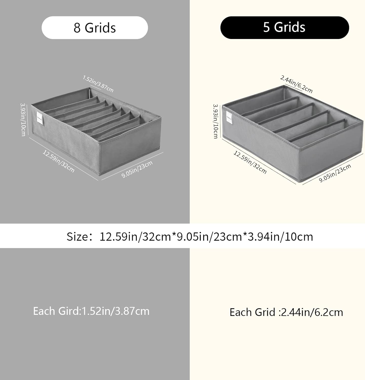 4 Packs T-shirt Drawer Organizers for Clothing,5 Grids Compartment Wardrobe Storage Box, Washable Clothes Organizer for Folded Clothes, T-shirt, Legging, Silk Scarve-Grey