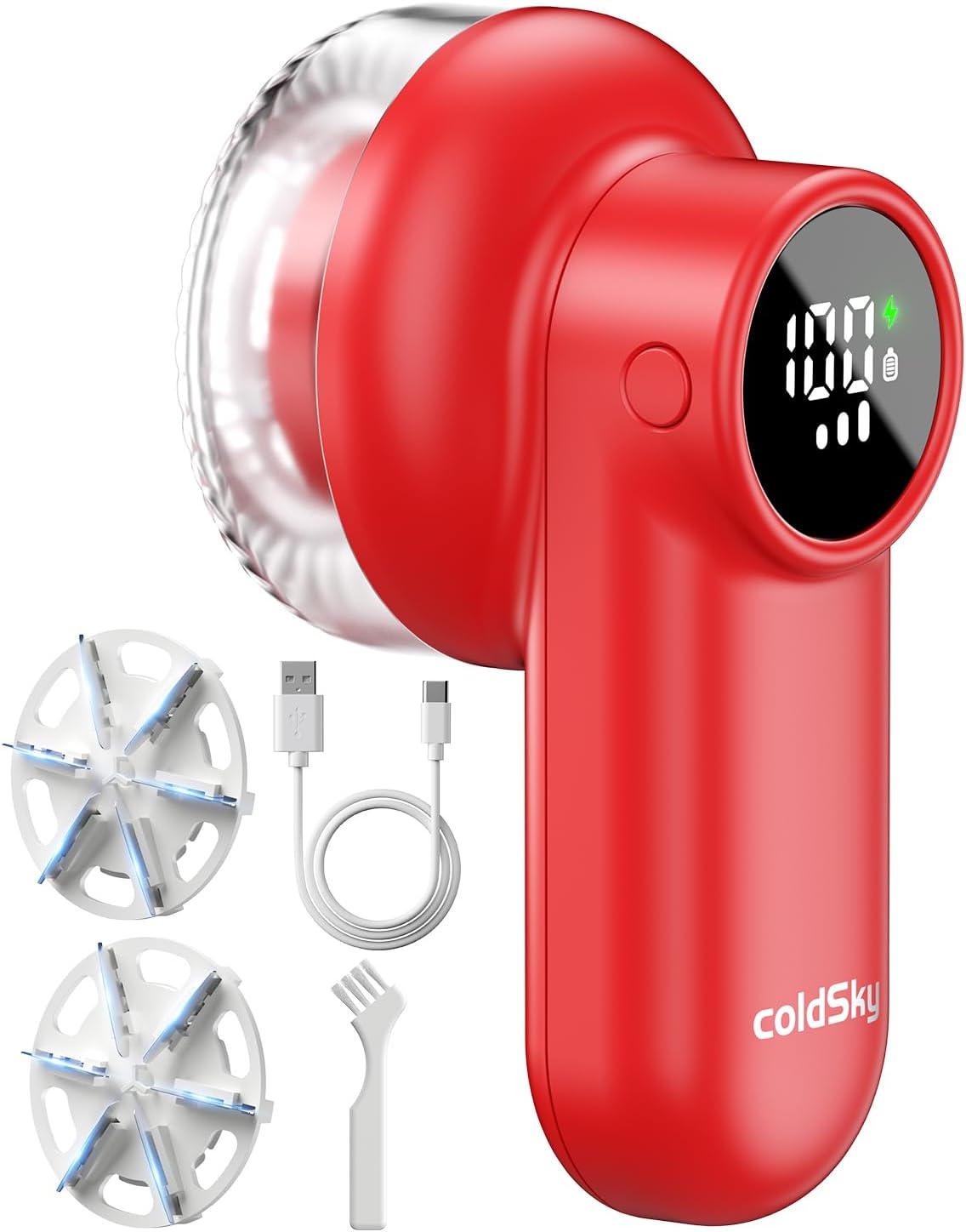 coldSky Rechargeable Fabric Shaver, Lint Shaver with Digital Display, Sweater Shaver with 6-Leaf Blades and Safety Lock, 3-Speeds Defuzzer Remove Fuzz, Pills from Clothes, Furniture, Sofa, Blanket Red