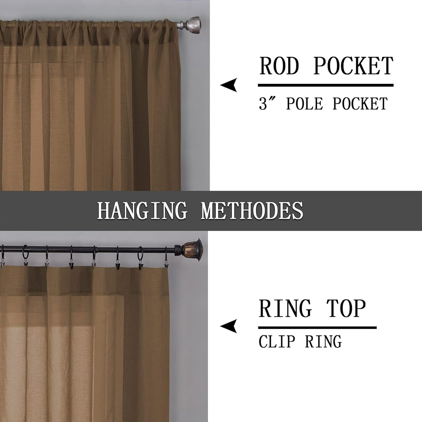 Tollpiz Sheer Curtain Linen Textured Bedroom Curtains Sheer Light Filtering Rod Pocket Voile Curtain for Living Room, 54 x 95 inches Long, Brown, Set of 2 Panels