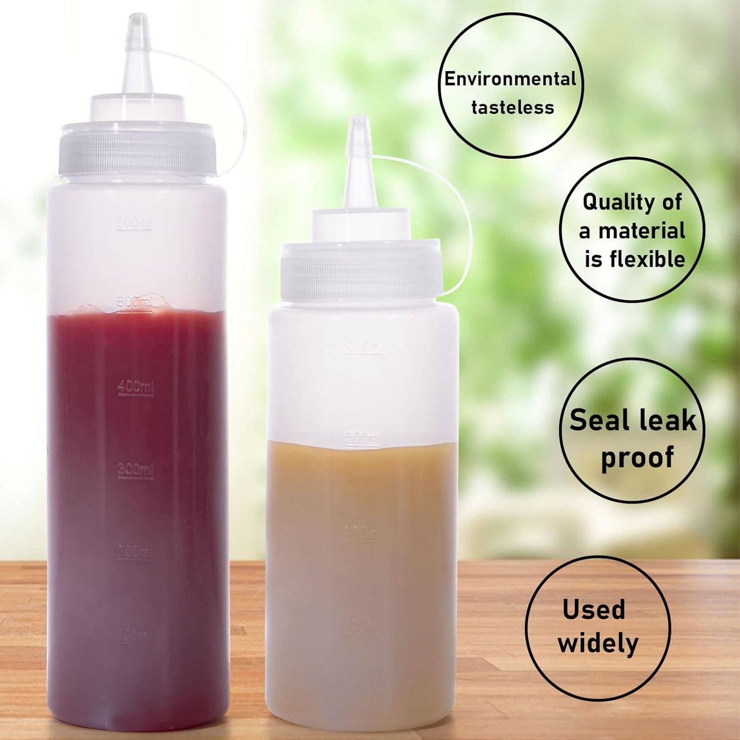 Squeeze Bottles for Sauces 2 Pack, 16 Ounce Plastic Dressing Squirt Bottles with Cap Lids, Condiment Bottle for Liquids BBQ Dressing Pancake Art Dispenser
