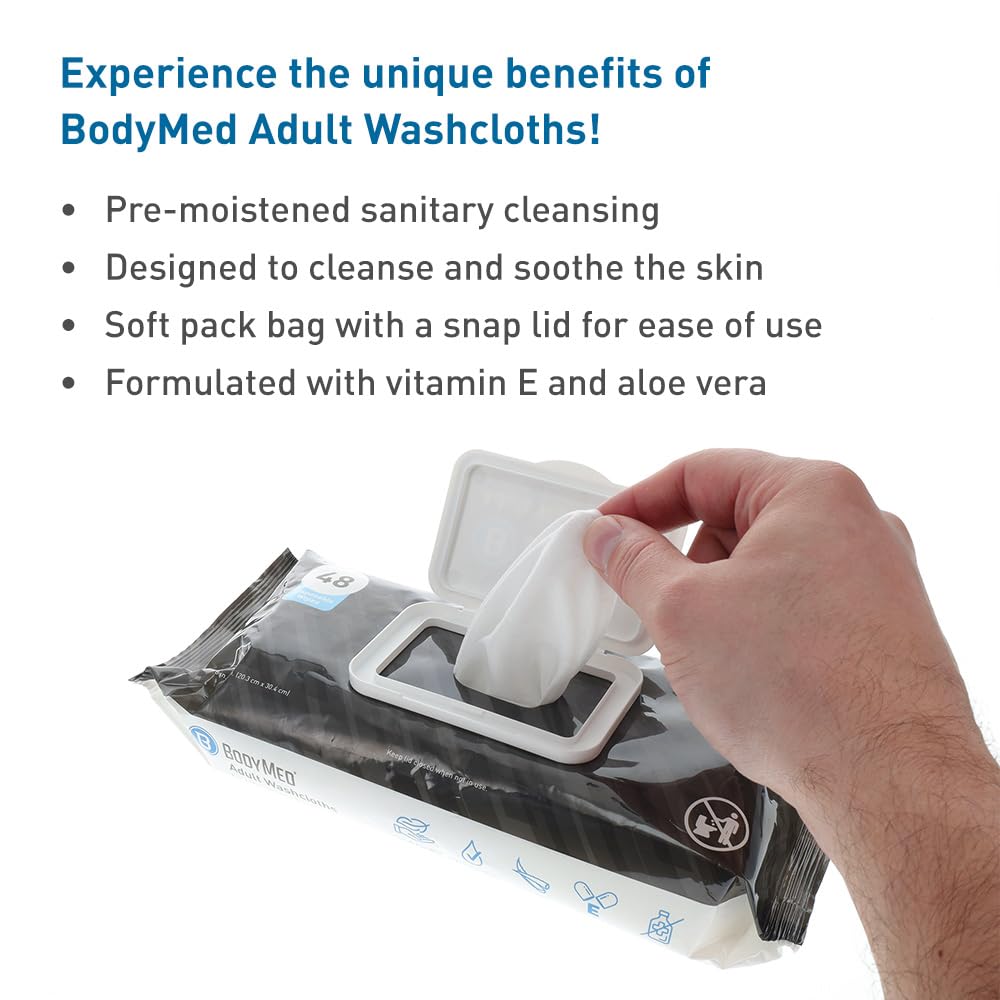 BodyMed Adult Disposable Incontinence Wipes, 48 Wipes/Pack (12-Pack) - Pre-Moistened & Hypoallergenic Washcloths Formulated with Vitamin E & Aloe Vera