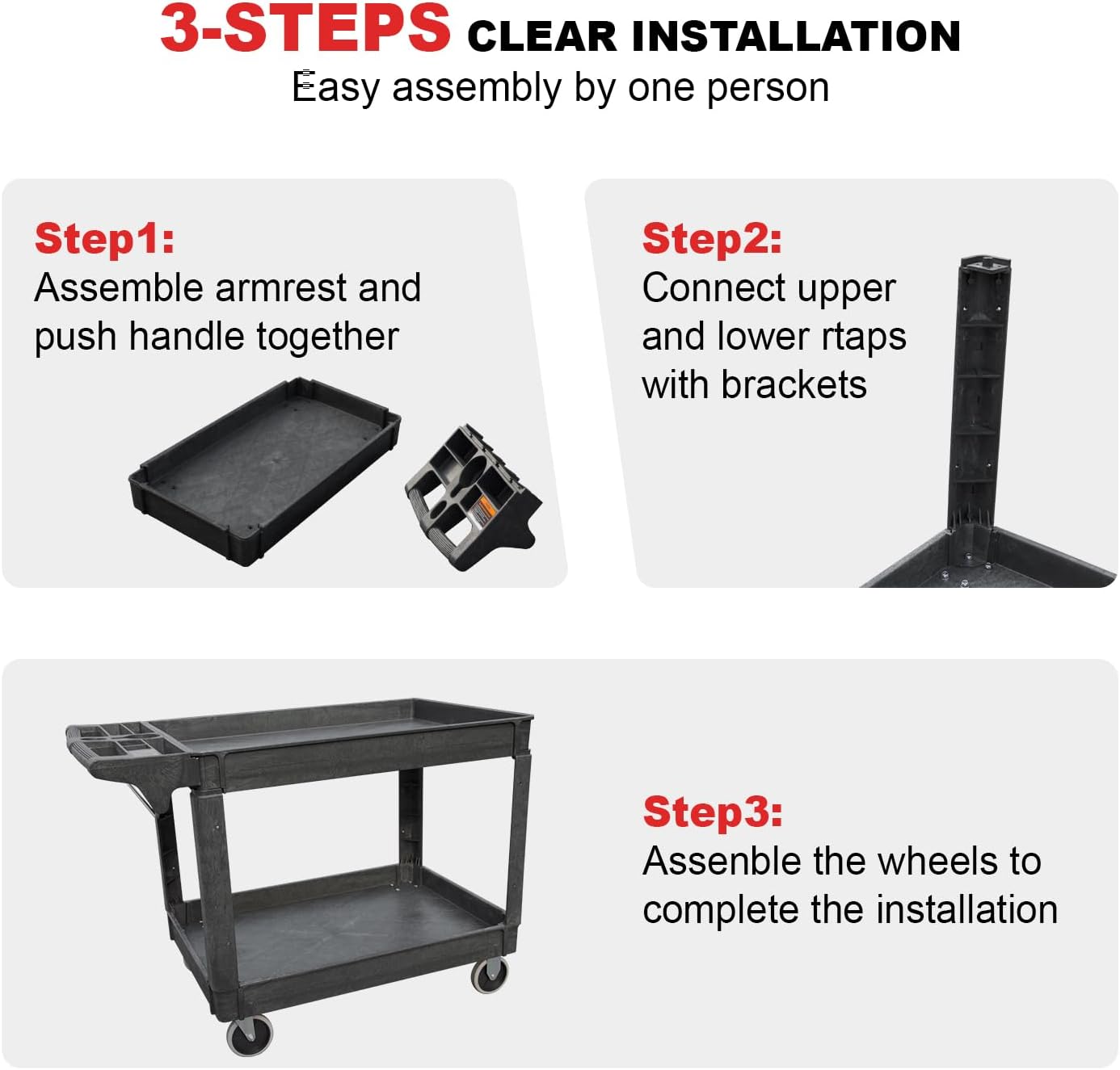 Utility Service Cart, 2-Shelf 500LBS Heavy Duty Plastic Rolling Utility Cart with 360° Swivel Wheels, Lipped Shelves, Ergonomic Storage Handle for Warehouse/Garage/Cleaning/Manufacturing