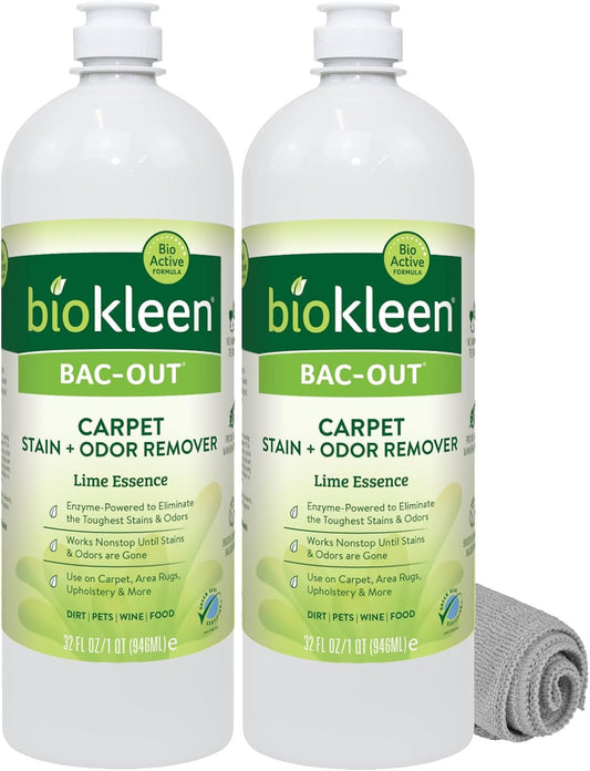 Biokleen Bac-Out Enzymatic Stain & Odor Remover for Carpet - Removes Stains and odors caused by dirt, pet accidents, wine, food, smoke - 2 Pack 32 oz w/Micro Cleaning Towel