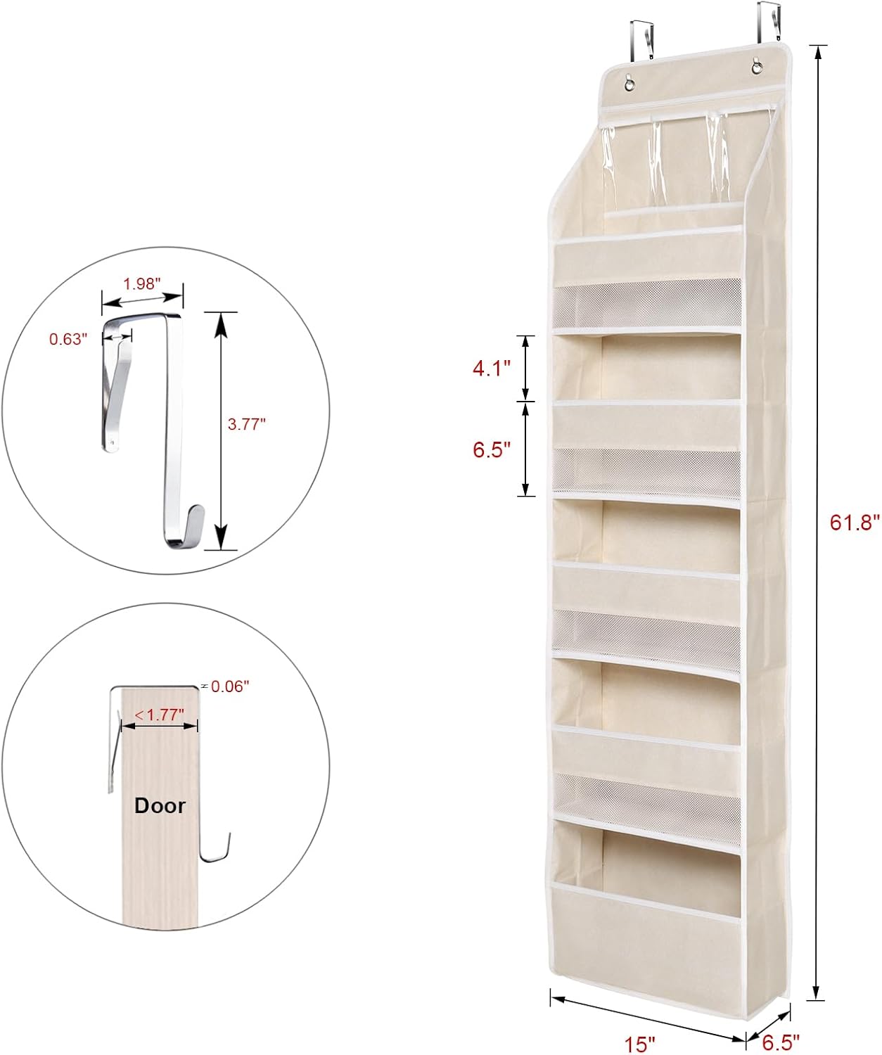 Univivi 6-Shelf Over Door Hanging Organizer Fabric Baby Door Storage with 5 Large Pockets and 3 Small PVC Pockets Wall Mount Hanging Storage Organizers for Baby Essential (Beige)
