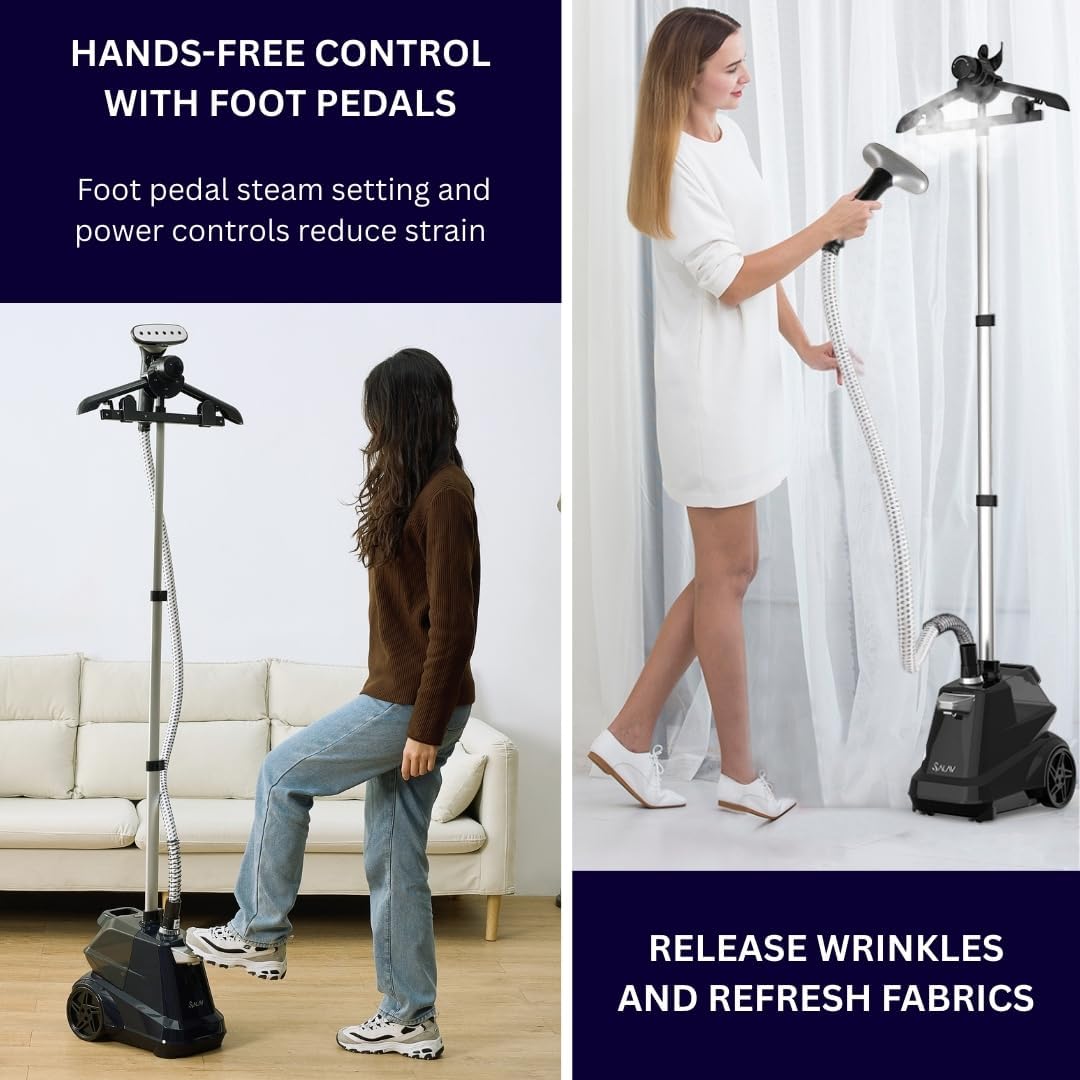 SALAV Heavy Duty Commercial Full-Size Garment Steamer with Foot Pedals and Extra Large 3L (101.5 oz) Water Tank, 1800 watts of Poweful Steam (Navy)