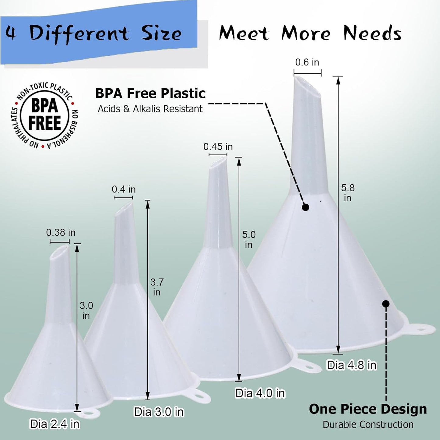 6 Pack Funnels for Kitchen Automotive Use Filling Bottles, Plastic Funnels Assorted 4 Sizes, Silicone Collapsible Funnel Set 2 Small and Large for Liquids, Oils, Powders Transfer, Cooking