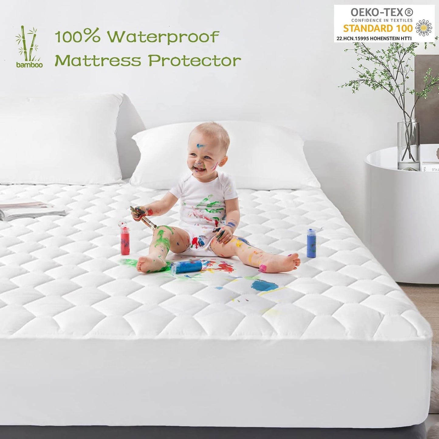 GRT Twin Mattress Protector Waterproof, Rayon from Bamboo, Cooling Quilted Fitted Mattress Pad, Noiseless Waterproof Mattress Cover, fits up to 18" Deep, Dust Proof White