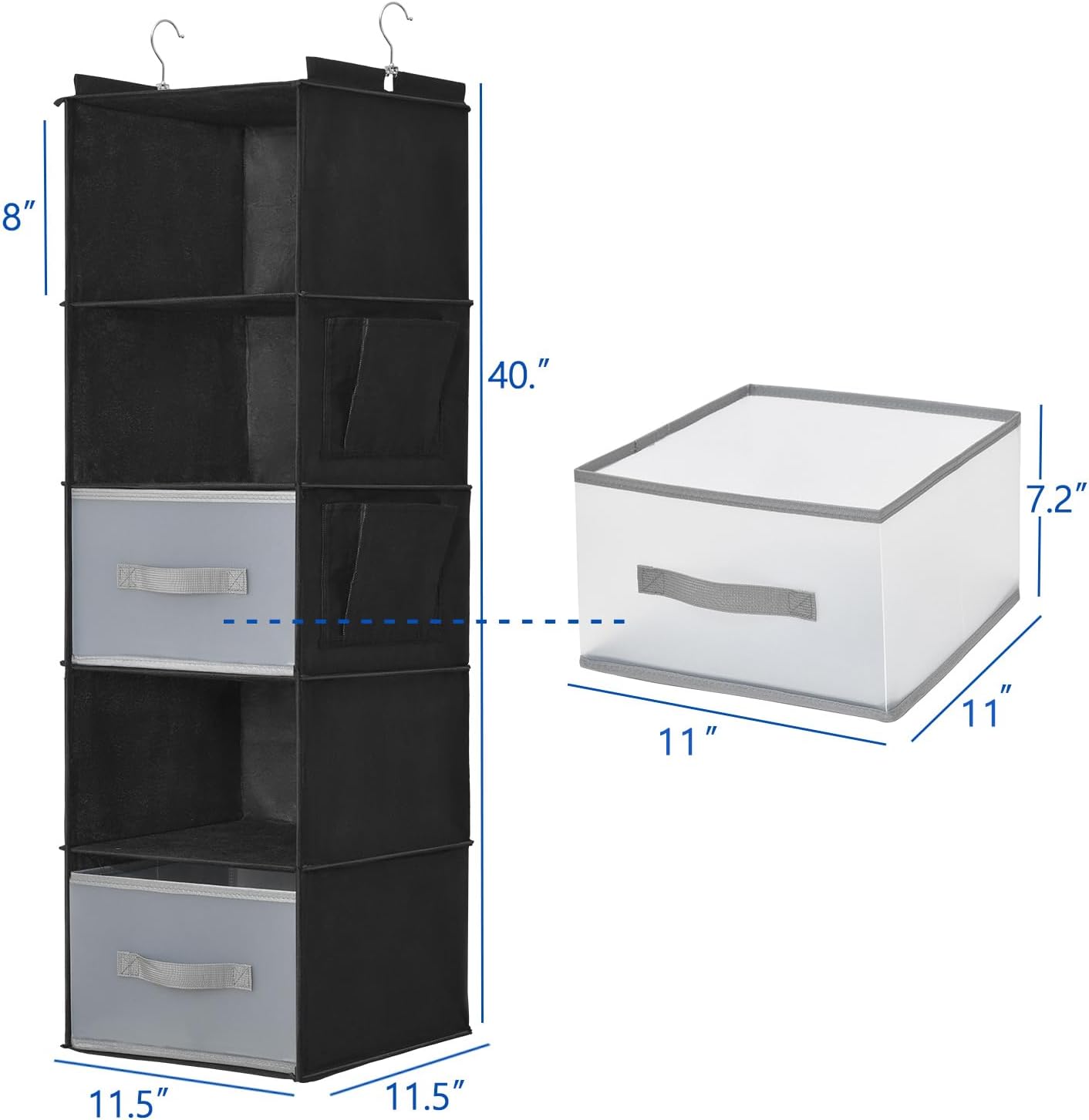 5-Layer Suspended Fabric Shelf Organizer, Equipped with 2 Sturdy Hooks, 2 Separate Drawers, and Foldable Hanging Storage (Black)