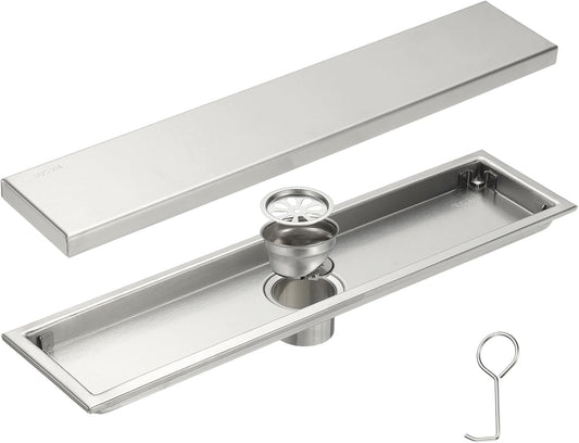 uxcell Rectangular Shower Drain, Brushed 304 Stainless Steel Odor-Proof Floor Drain Linear Shower Drain Hair Catcher for Bathroom Kitchen and Laundry Room(16 Inch, Bright Silver)