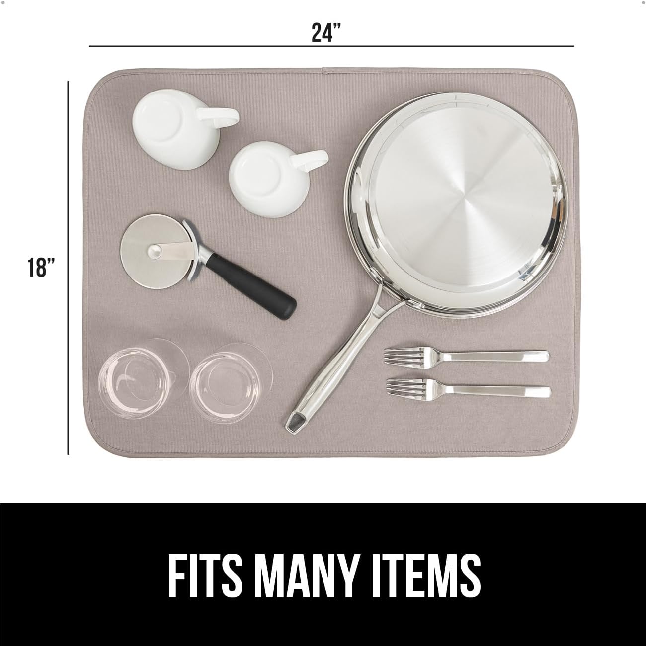 GORILLA GRIP Ultra Water Absorbent Microfiber Dish Drying Mat, 18x24, Quick Dry Thick Mesh, Slip Resistant Pad for Sink Dishes or Under Rack, Kitchen Counter Accessories, Machine Wash, 2 Pack Almond