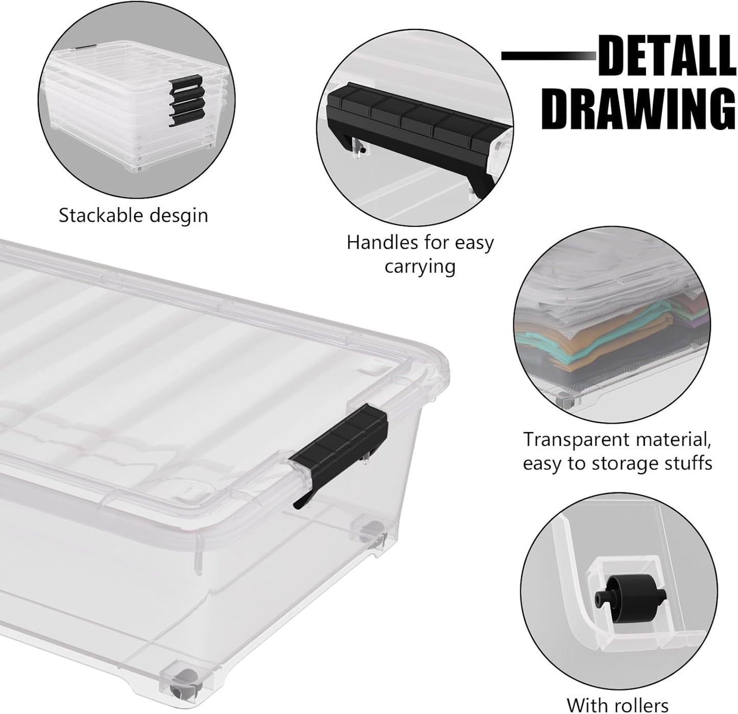 25 Quart Under Bed Clear Latch Bin with Wheel, Plastic Under Bed Storage Box, 4 Pack