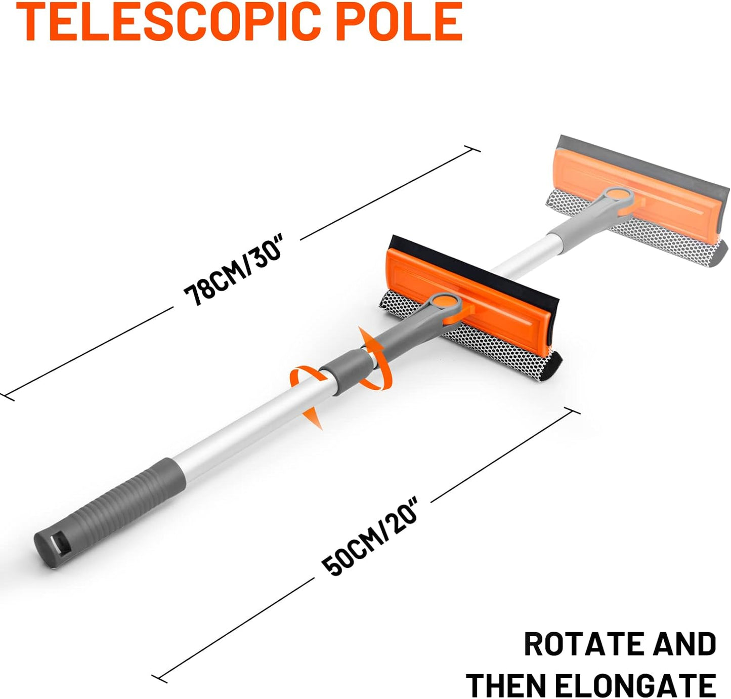eazer Professional Window Squeegee, 2-in-1 Rotatable Squeegee for Window Cleaning Kit, Window Cleaner Tool, Window Washing Equipment Kit with Extension Pole (20''-30'') for Shower/Windshield