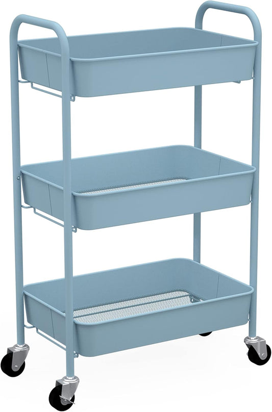 CAXXA 3-Tier Rolling Metal Storage Organizer - Mobile Utility Cart with Caster Wheels, Blue