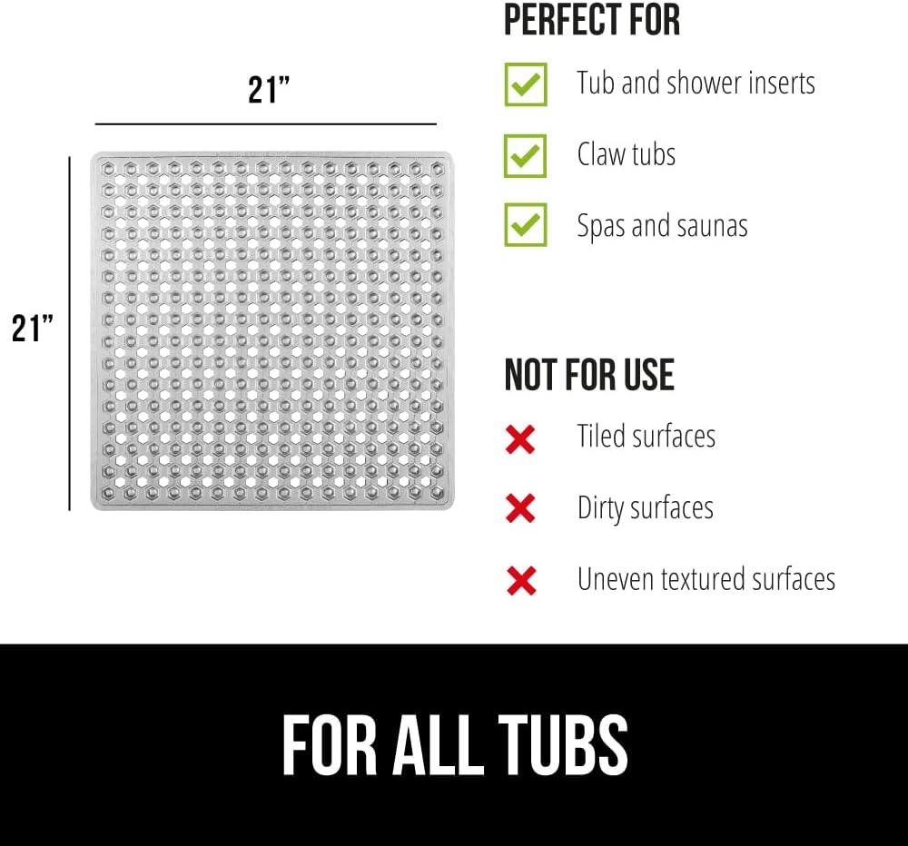 GORILLA GRIP Patented Square Shower Stall Mat, Small Bathtub Floor Mats for Stand Up Showers with Suction Cups and Drainage Holes, Machine Washable, Soft on Feet, Bathroom Accessories 21x21 Inch, Gray