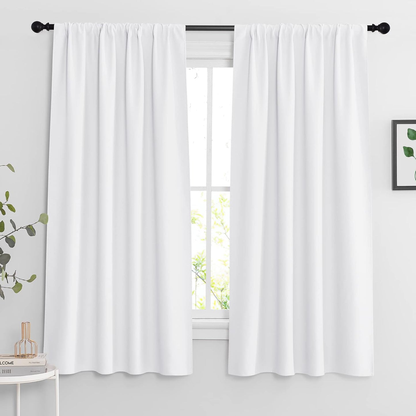 RYB HOME Blackout Curtains 63 inches Long - Energy Saving Insulation Large Window Curtain Blinds for Bedroom Living Room Dining Basement Home Office, W 62 x L 63 per Panel, Pure White, 2 Pcs