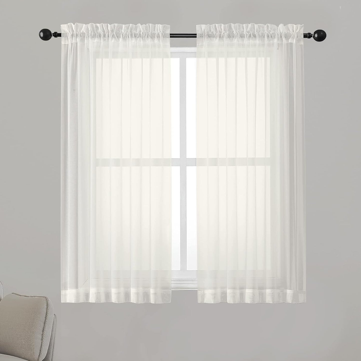 Chyhomenyc Ivory Sheer Curtains 54 Inch Length 2 Panels for Kitchen, Light Filtering Voile Rod Pocket Curtains Drapes for Living Room Bedroom Small Windows, 42Wx54L inches