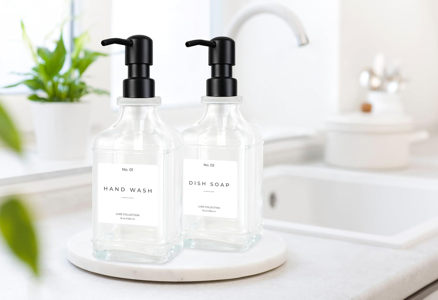 Emerson Essentials Glass Soap Dispenser Set – 16 oz 2-Pack – Refillable Dish & Hand Soap Dispensers for Kitchen or Bathroom – Stainless Steel Pump & 5 Waterproof Labels