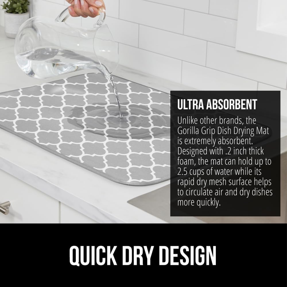 GORILLA GRIP Ultra Water Absorbent Microfiber Dish Drying Mat, Quick Dry Mesh, Slip Resistant Pad for Sink Dishes or Under Rack, Kitchen Counter Accessories, 16x18, Machine Wash, 2 Pack Quatrefoil