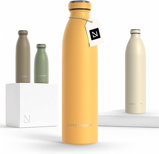LARS NYSØM Stainless Steel Insulated Water Bottle 12oz 17oz 25oz 34oz 51oz | Insulated Thermo Flask for Hot and Cold Beverages | Leakproof Drinking Bottle (Mustard Yellow, 25.4 oz)