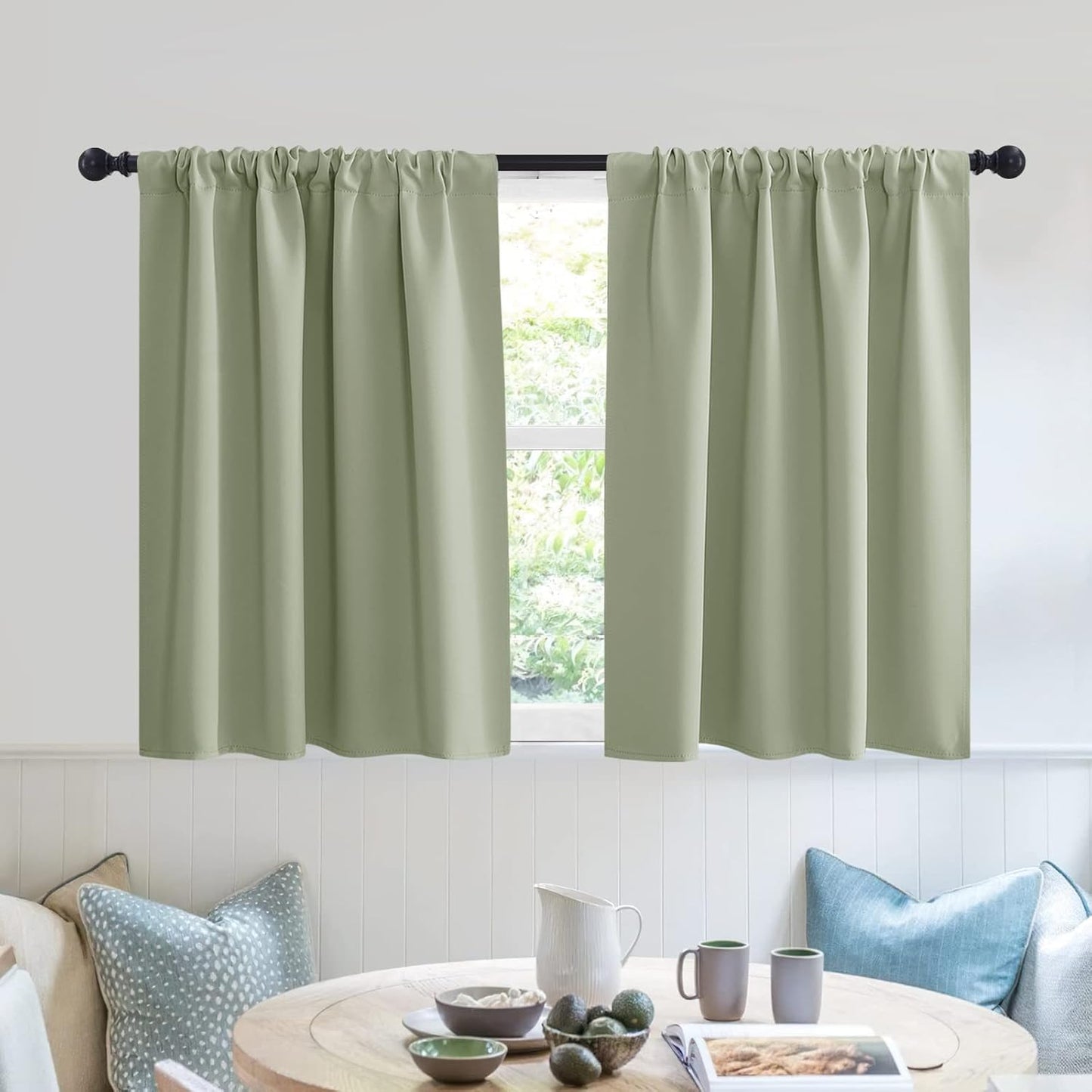 RYB HOME RV Curtains for Camper Windows - Soft Thermal Insulated Small Window Curtain Tiers for Cafe Kitchen Bedroom Basement Glass Door Window, W 42 x L 30 inches, Sage Green, 2 Panels