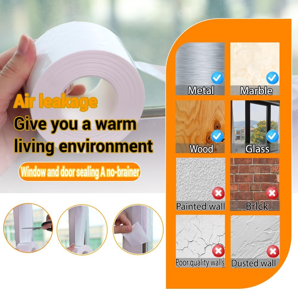 Window Insulation for Winter Weather Sealing Tape 2 Inch x 50 Yards Weather Stripping Residue Free Draft Isolation Sealing Film Tape for Doors Windows and Shower Glass Gaps White Color