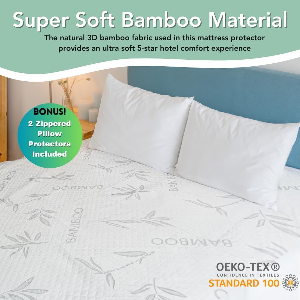 Bamboo Rayon Mattress Protector with Zipper + 2 Pillow Protectors - 100% Waterproof Cooling Queen Size Cover - Ultra Soft Fabric Breathable Noiseless Mattress Pad Covers Zippered Encasement