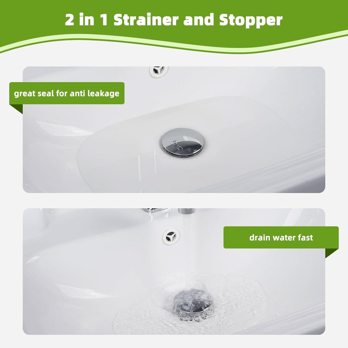 Universal 2PCS Bathroom Sink Stopper 2 in 1 Pop Up Metal Sink Drain Strainer with Hair Catcher, Fit for 1.1~2.36" Sink Basin Hole, Big Cover Cap, Anti-clog, Chrome