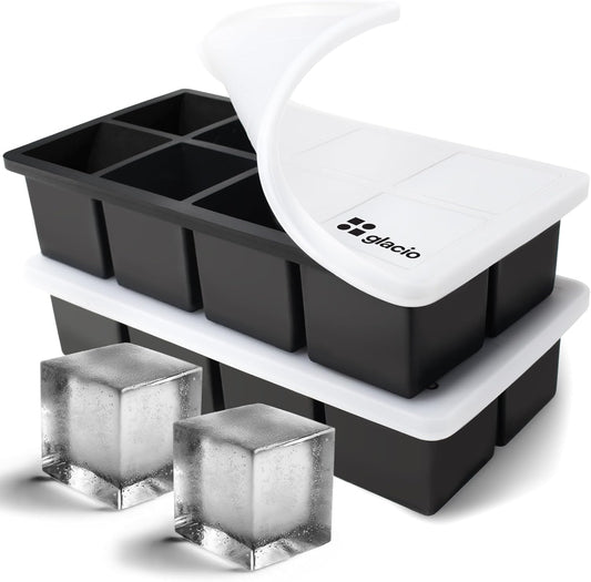 glacio Ice Cube Molds – 2-Pack Silicone Trays for 8 Large Square Cubes – Slow-Melt Ice for Whiskey, Cocktails, Coffee & More