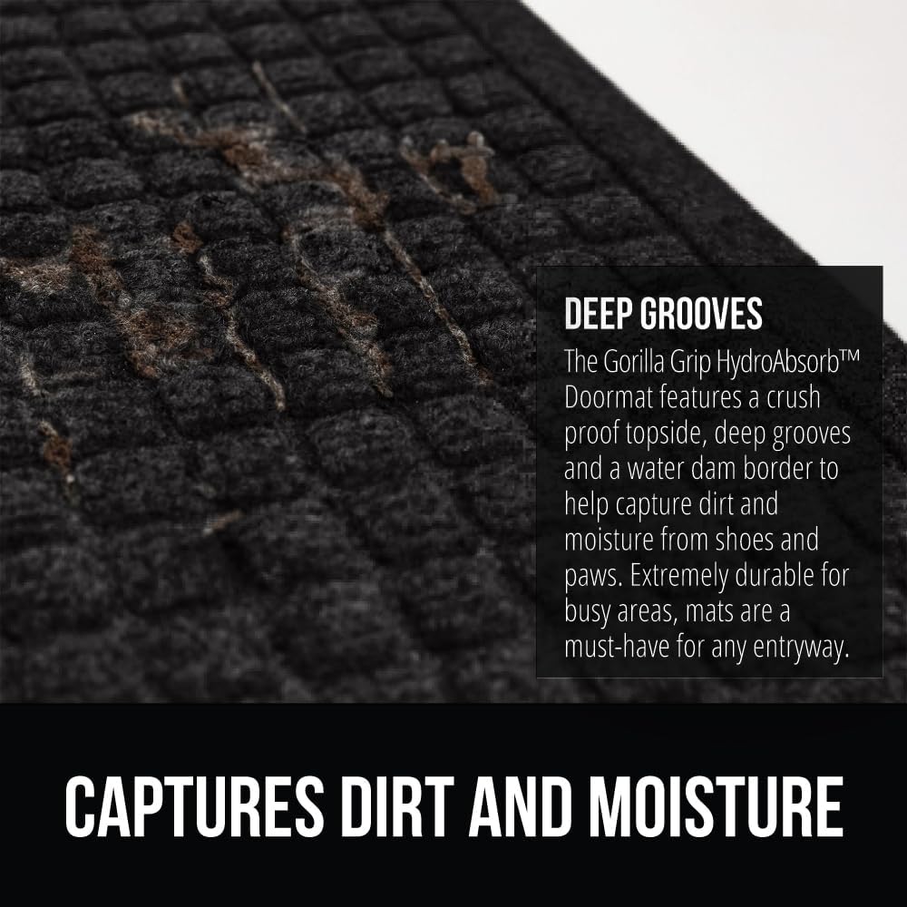 GORILLA GRIP Front Door Mat, Indoor Outdoor Ultra Absorbent HydroAbsorb Doormat, Absorbs Up to 1.7 Cups of Water, Stain and Fade Resistant, Rubber Backing Doormats, 2 Pack, 29x17 Black
