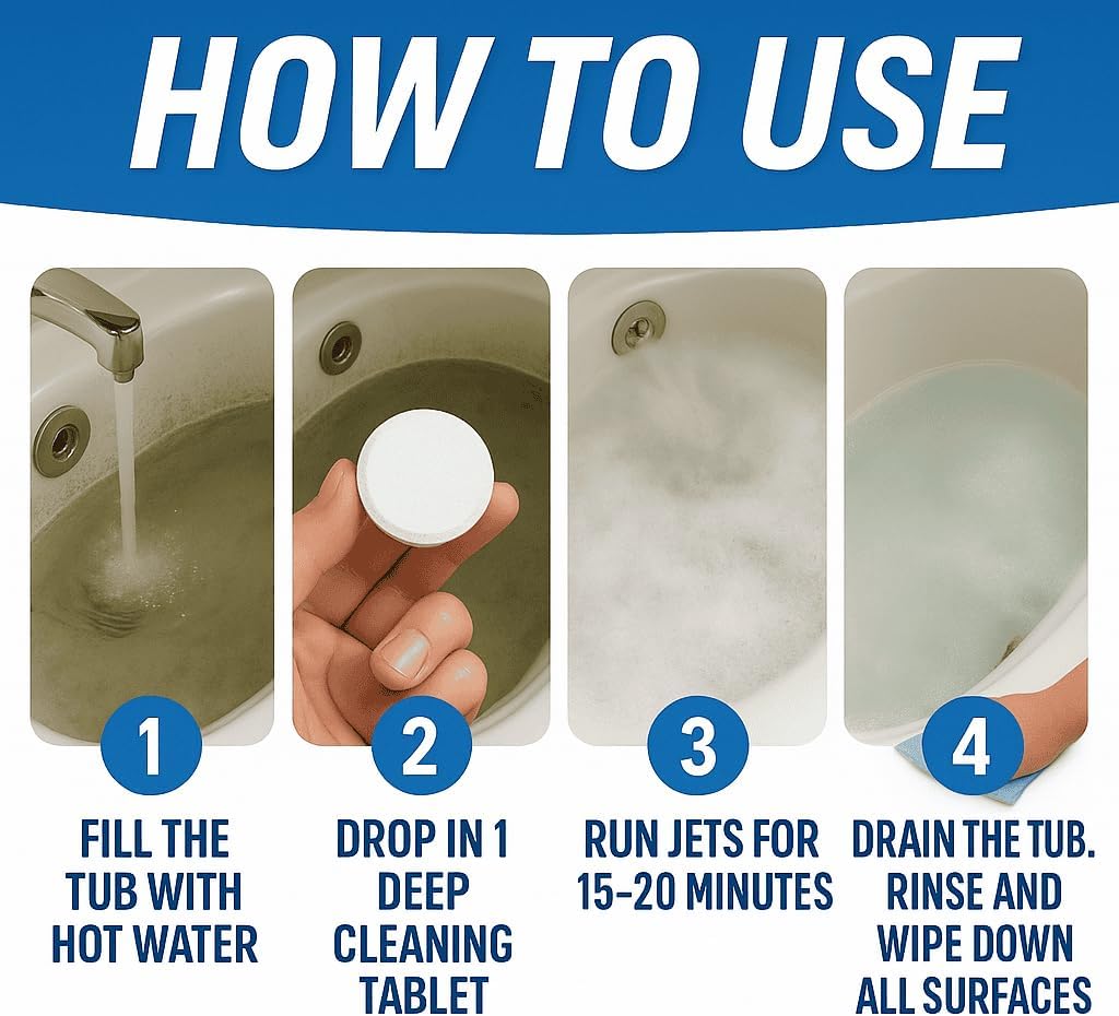 Jetted Tub Cleaner Bathtub Tabs - 12 ACTIVE Cleaning Tablets, Compatible with Whirlpool & Spa Bath System, Jets, Whirl Tubs, Professional Septic Safe Bath Jet Scale and Residue Remover - 1 Year Supply