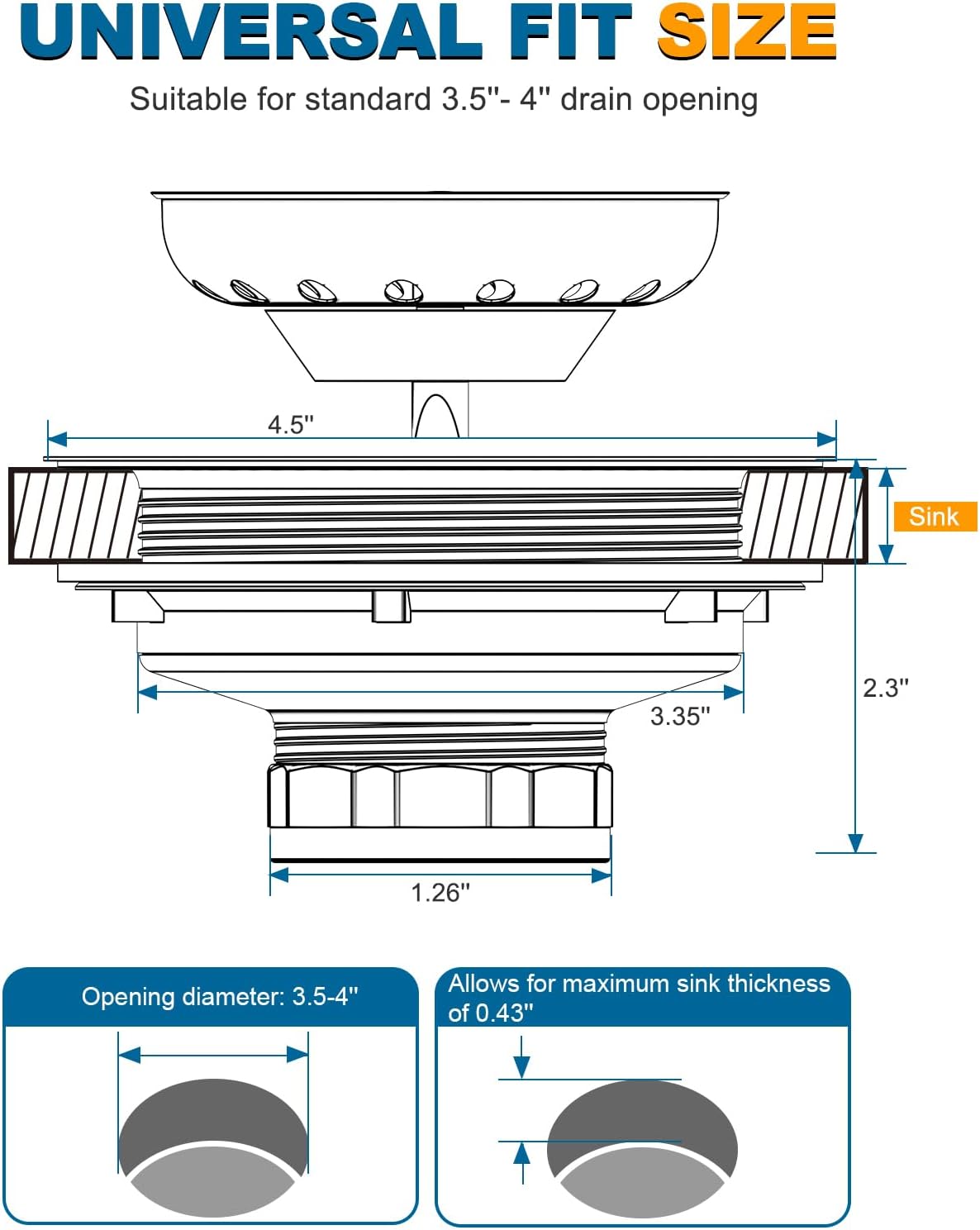 BOTEMY Stainless Steel Gold Sink Drain Strainer Kit 3-1/2 inch Kitchen Drain Assembly with Metal Center Knob Basket Stopper Replacement for Standard Kitchen Sinks