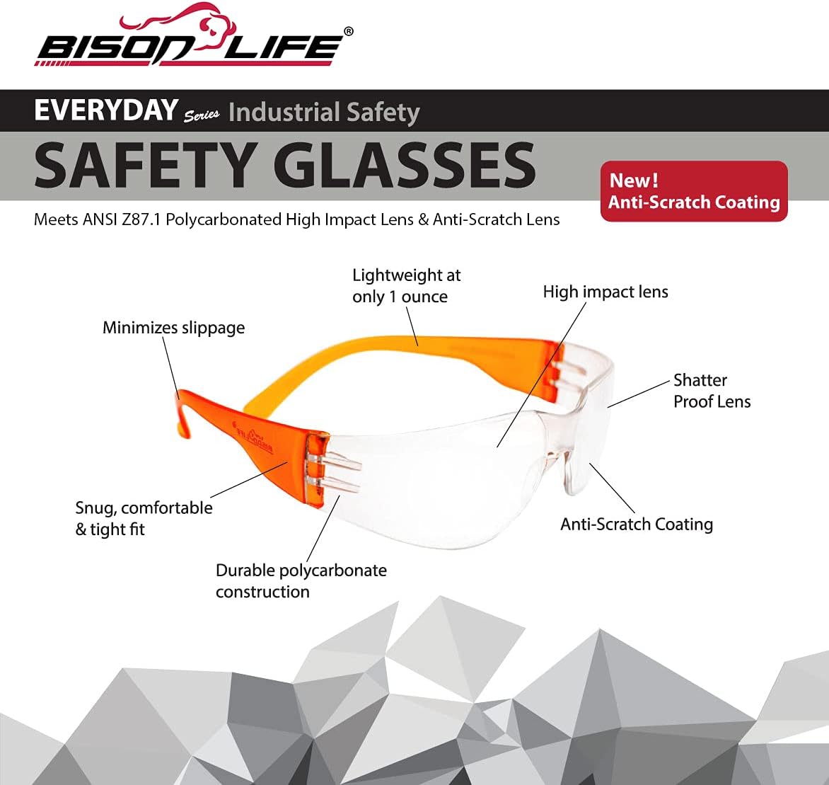 BISON LIFE Safety Glasses - Scratch Resistant Wrap Around Eyewear, Polycarbonate ANSI Z87.1 Impact Resistant Lens