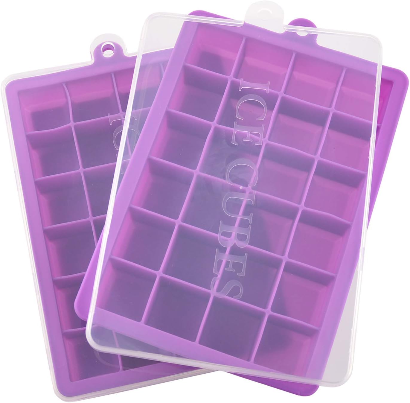 Ice Cube Tray, Silicone Square Ice Trays Easy Release Stackable Ice Cube Mold with Removable Lid, 24 Cavity (2 Pack, Purple)