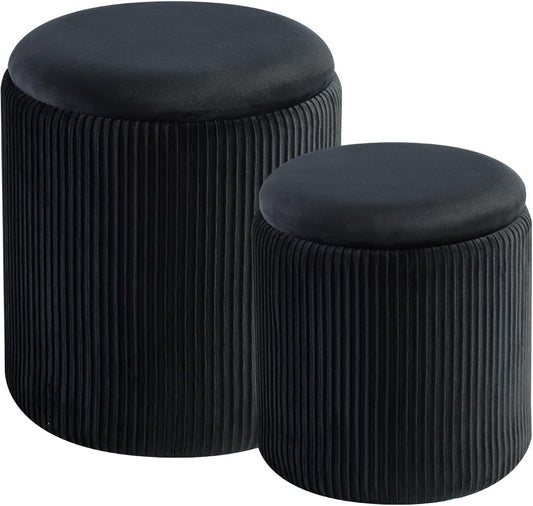 Round Set of 2 Ottoman with Storage-Upholstered Velvet Vanity Stool for Makeup Multifunctional Ottomans Coffee Table Padded Seat Foot Rest for Living Room&Bedroom (Black)