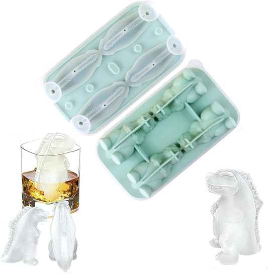 7.48inch Newly Upgraded 4-grid 3D Dinosaur Ice Tray and Covered Silicone Ice Tray, Suitable for Bars, Outdoor and Home Use (1, green)