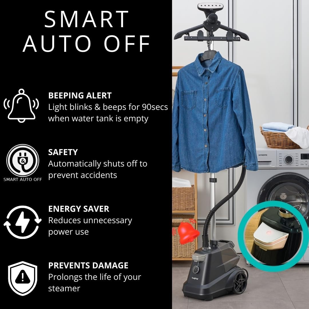 True & Tidy® Heavy-Duty Industrial Standing Garment Steamer for Clothes, 1800 watts, Extra Large 3L water tank 90+ mins of Steam Time (Matte Black, Smart Auto-Off Commercial Garment Steamer)